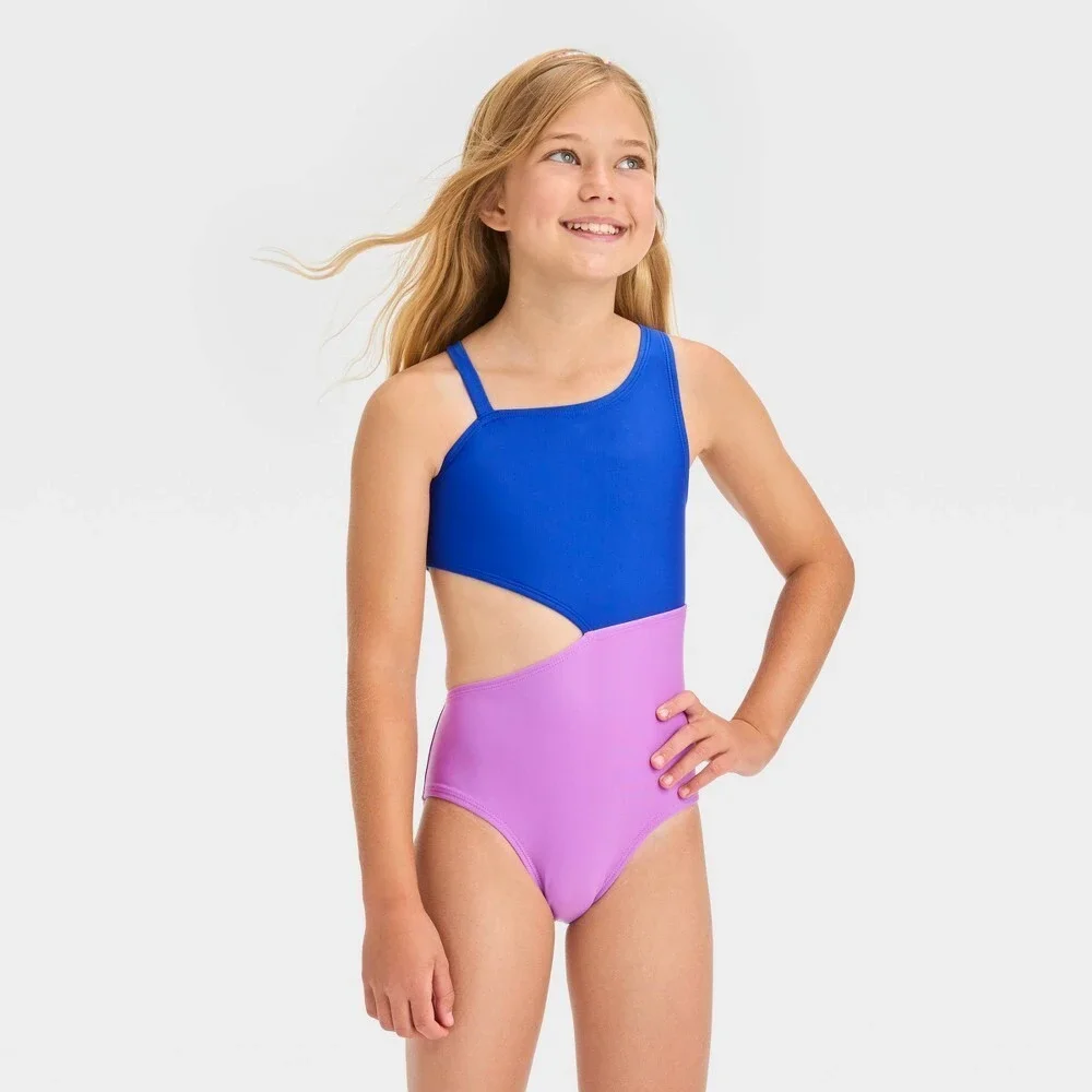 Cat & Jack Girls' Solid One Piece Swimsuit Blue Purple Size Large 10/12